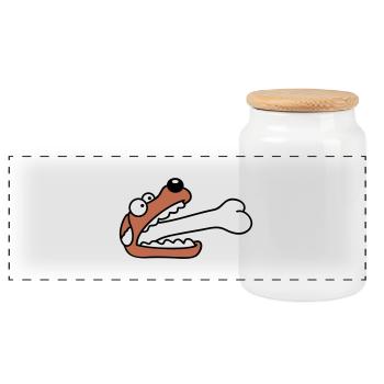 Dog Greedy Hungry Big Bone Swallowed - Panoramic Cookie Jar with Wooden Lid - white - Front