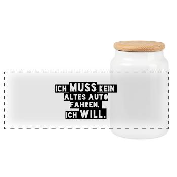 Ich MUSS kein ALTES Auto fahren, Ich WILL! - Panorama Keksdose mit Holzdeckel - Weiß - Vorne