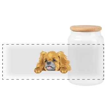 Peeking Pekingese dog - Panoramic Cookie Jar with Wooden Lid - white - Front