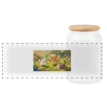 Cute dog and kitten romping in the flower field - Panoramic Cookie Jar with Wooden Lid - white - Front