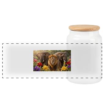 Lions and elephants in the field of flowers - Panoramic Cookie Jar with Wooden Lid - white - Front