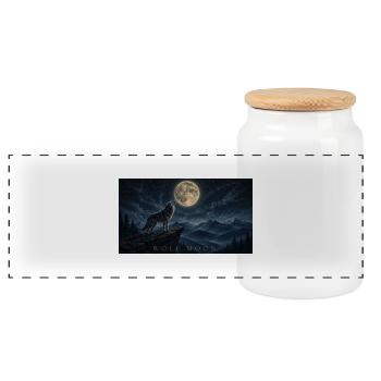 Moonlit Wolf Howl Over Peaks - Panoramic Cookie Jar with Wooden Lid - white - Front