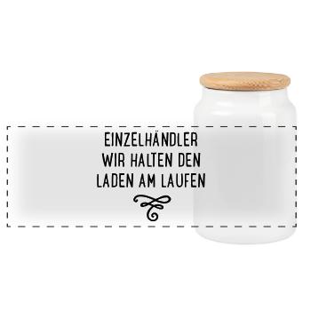 Einzelhandel - wir halten den Laden am Laufen - Panorama Keksdose mit Holzdeckel - Weiß - Vorne