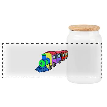 Railway Steam Locomotive Children - Panoramic Cookie Jar with Wooden Lid - white - Front