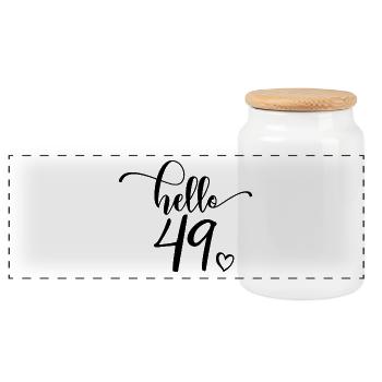 Hello 49 - Cute 49th Birthday Gift For Women - Panoramic Cookie Jar with Wooden Lid - white - Front
