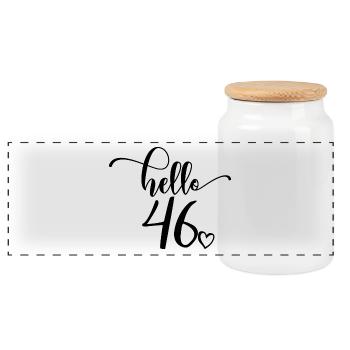 Hello 46 - Süßes Geschenk zum 46. Geburtstag für Frauen - Panorama Keksdose mit Holzdeckel - Weiß - Vorne