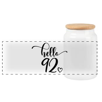 Hello 92 - Cute 92nd Birthday Gift, 92 Years Old - Panoramic Cookie Jar with Wooden Lid - white - Front