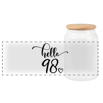 Hello 98 - Cute 98th Birthday Gift, 98 Years Old - Panoramic Cookie Jar with Wooden Lid - white - Front