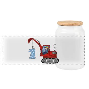 Excavator 1st Birthday - Panoramic Cookie Jar with Wooden Lid - white - Front
