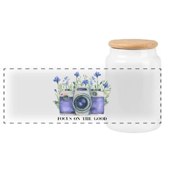 Appareil photo aquarelle avec couronne florale - Boîte à biscuits avec couvercle en bois - blanc - Devant