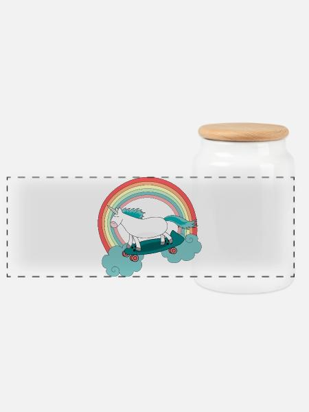 Einhorn Skateboard Longboard Regenbogen - Panorama Keksdose mit Holzdeckel - Weiß