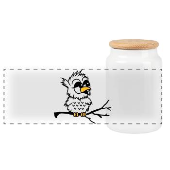 A little baby owl sitting on a branch - Panoramic Cookie Jar with Wooden Lid - white - Front