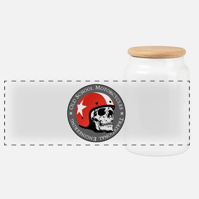 Old School Skull Moto Logo Rothelm - Panorama Keksdose mit Holzdeckel - Weiß
