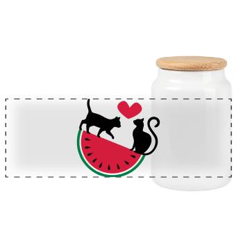 Melon Cat Love - Panoramic Cookie Jar with Wooden Lid - white - Front