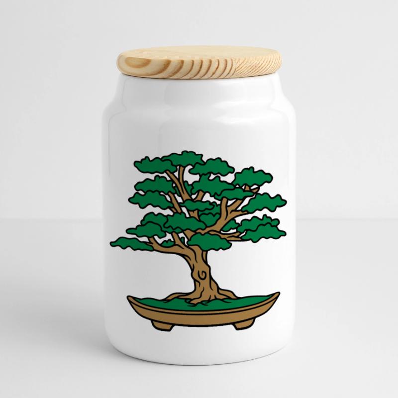bonsai tree leaves branches small tree Panoramic Cookie Jar with Wooden Lid