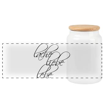 Design: Lache Liebe Lebe - Panorama Keksdose mit Holzdeckel - Weiß - Vorne