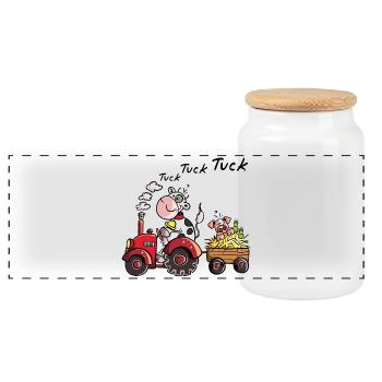 Vache conduisant un tracteur - Cadeau - Boîte à biscuits avec couvercle en bois - blanc - Devant