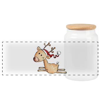 Jumping Christmas Reindeer - Gift - Comic - Panoramic Cookie Jar with Wooden Lid - white - Front