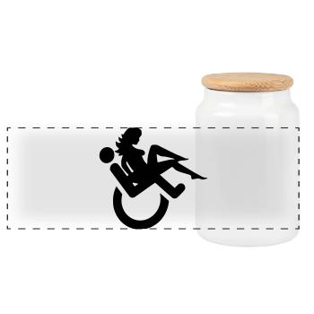 Wheelchair user with lady on lap # - Panoramic Cookie Jar with Wooden Lid - white - Front