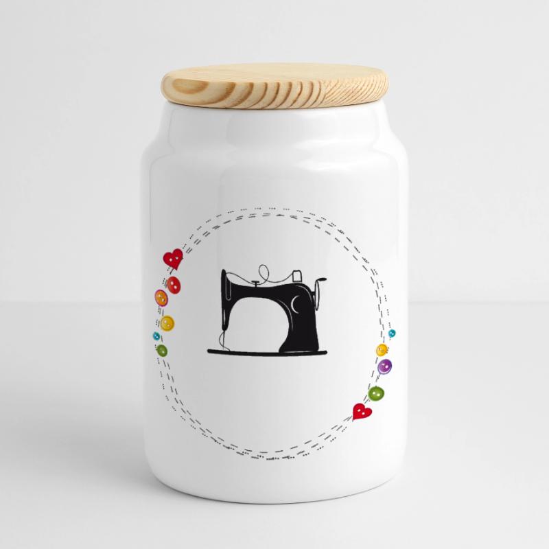 nostalgic stylized sewing machine with buttons Panoramic Cookie Jar with Wooden Lid