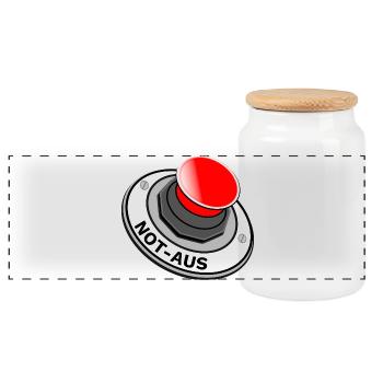 Not Aus Button Schalter für Genervte schnelle Ruhe - Panorama Keksdose mit Holzdeckel - Weiß - Vorne