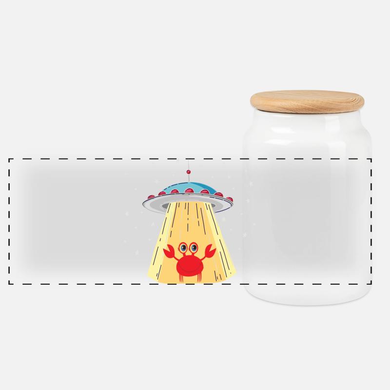 Alien Crab Visitor - Panoramic Cookie Jar with Wooden Lid - white