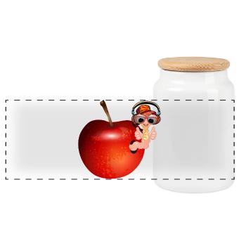 kleiner Regenwurm als Hip Hopper im roten Apfel - Panorama Keksdose mit Holzdeckel - Weiß - Vorne