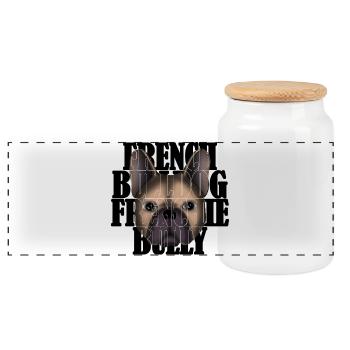 French Bulldog Frenchie Bully R6Z - Panoramic Cookie Jar with Wooden Lid - white - Front