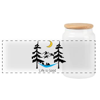 Playful Nighttime Smiling Moon Design - Panoramic Cookie Jar with Wooden Lid - white - Front