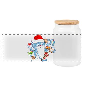 Octopus as Santa Claus with Santa Claus cap - Panoramic Cookie Jar with Wooden Lid - white - Front