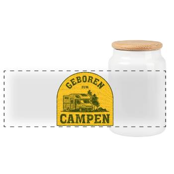 Campen Vintage Badge Motiv - Panorama Keksdose mit Holzdeckel - Weiß - Vorne
