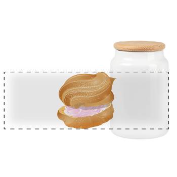 mit rosa Sahne gefüllter Windbeutel Illustration - Panorama Keksdose mit Holzdeckel - Weiß - Vorne