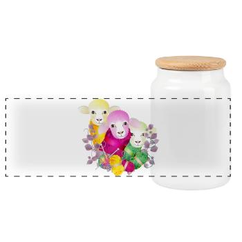 three colourful sheep with balls of wool and knitting needles - Panoramic Cookie Jar with Wooden Lid - white - Front