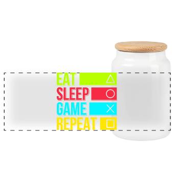 Eat Sleep Spiel Wiederholen - Panorama Keksdose mit Holzdeckel - Weiß - Vorne