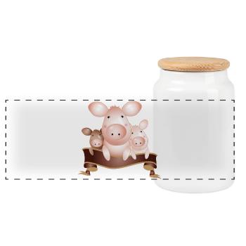three enchanting cute pigs with banner - Panoramic Cookie Jar with Wooden Lid - white - Front