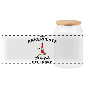 Pellworm, Ankerplatz Glücksgefühle, Leuchtturm - Panorama Keksdose mit Holzdeckel - Weiß - Vorne
