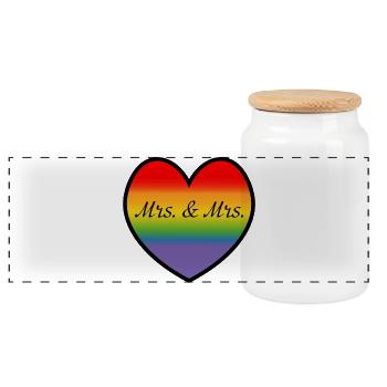 LGBT Mrs and Mrs Rainbow Heart Lesbian Wedding - Panoramic Cookie Jar with Wooden Lid - white - Front