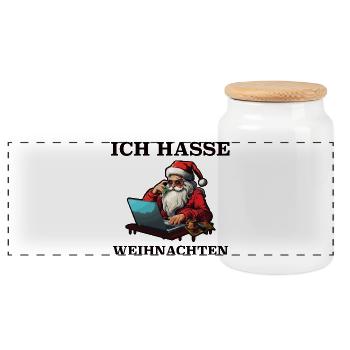 Weihnachts-Hass Santa am Laptop - Panorama Keksdose mit Holzdeckel - Weiß - Vorne
