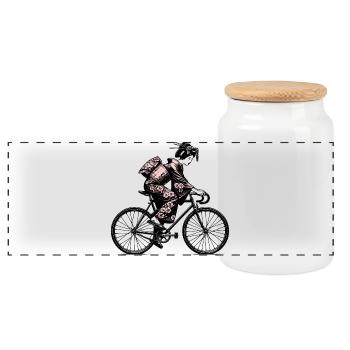 Japanese geisha on road bike - Panoramic Cookie Jar with Wooden Lid - white - Front