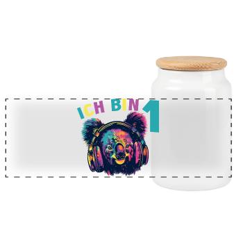 1.Geburtstag Koala Koalabär mit Kopfhörer Musik - Panorama Keksdose mit Holzdeckel - Weiß - Vorne