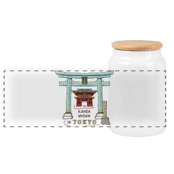 Tokyo, Japan, Kanda Myojin, Torii, Zeichnung - Panorama Keksdose mit Holzdeckel - Weiß - Vorne
