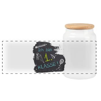 Ich bin 1. Klasse | Tafel Kreide - blau grün - Panorama Keksdose mit Holzdeckel - Weiß - Vorne