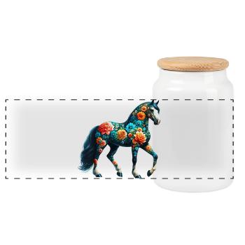 Horse decorated with flowers - Panoramic Cookie Jar with Wooden Lid - white - Front