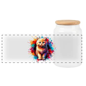 Cat - Panoramic Cookie Jar with Wooden Lid - white - Front