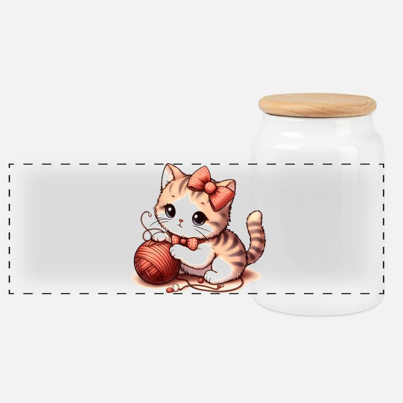 Cat Game - Panoramic Cookie Jar with Wooden Lid - white