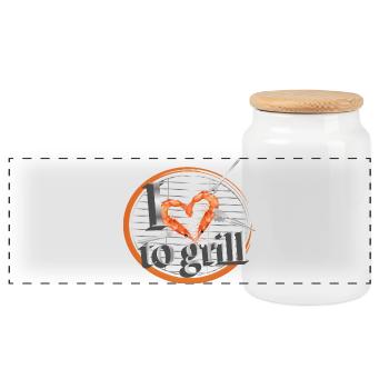 A grill with heart-shaped cutlery and prawns - Panoramic Cookie Jar with Wooden Lid - white - Front