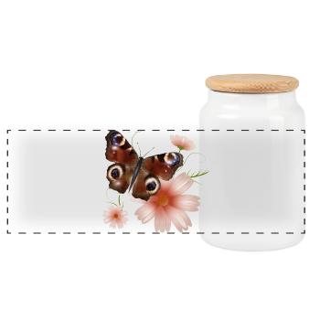Schmetterling Tagpfauenauge mit rosa Blüten - Panorama Keksdose mit Holzdeckel - Weiß - Vorne