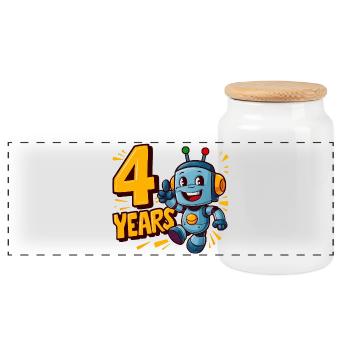 Four Years Cute Little Robot Children's Birthday Party. - Panoramic Cookie Jar with Wooden Lid - white - Front