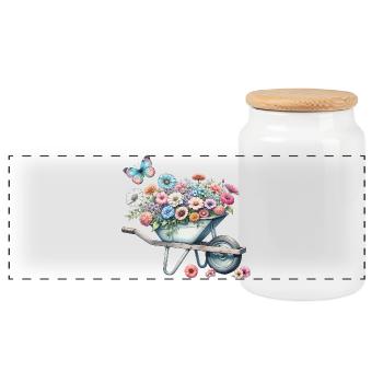 Brouette remplie de fleurs aux couleurs pastel - Boîte à biscuits avec couvercle en bois - blanc - Devant