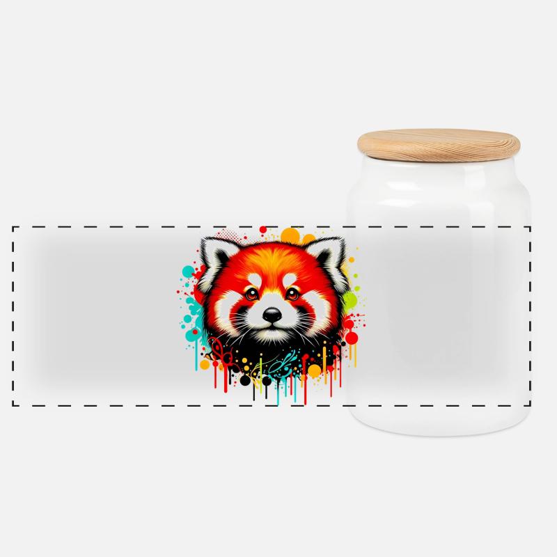 Red panda - Panoramic Cookie Jar with Wooden Lid - white
